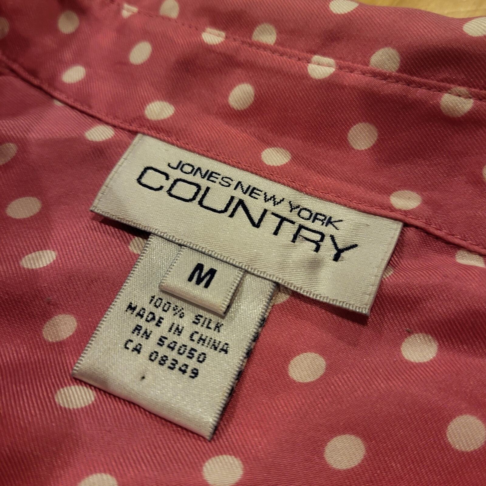 Vintage Jones New York Country Medium Pink Polka Dot Silk Collared Button Down