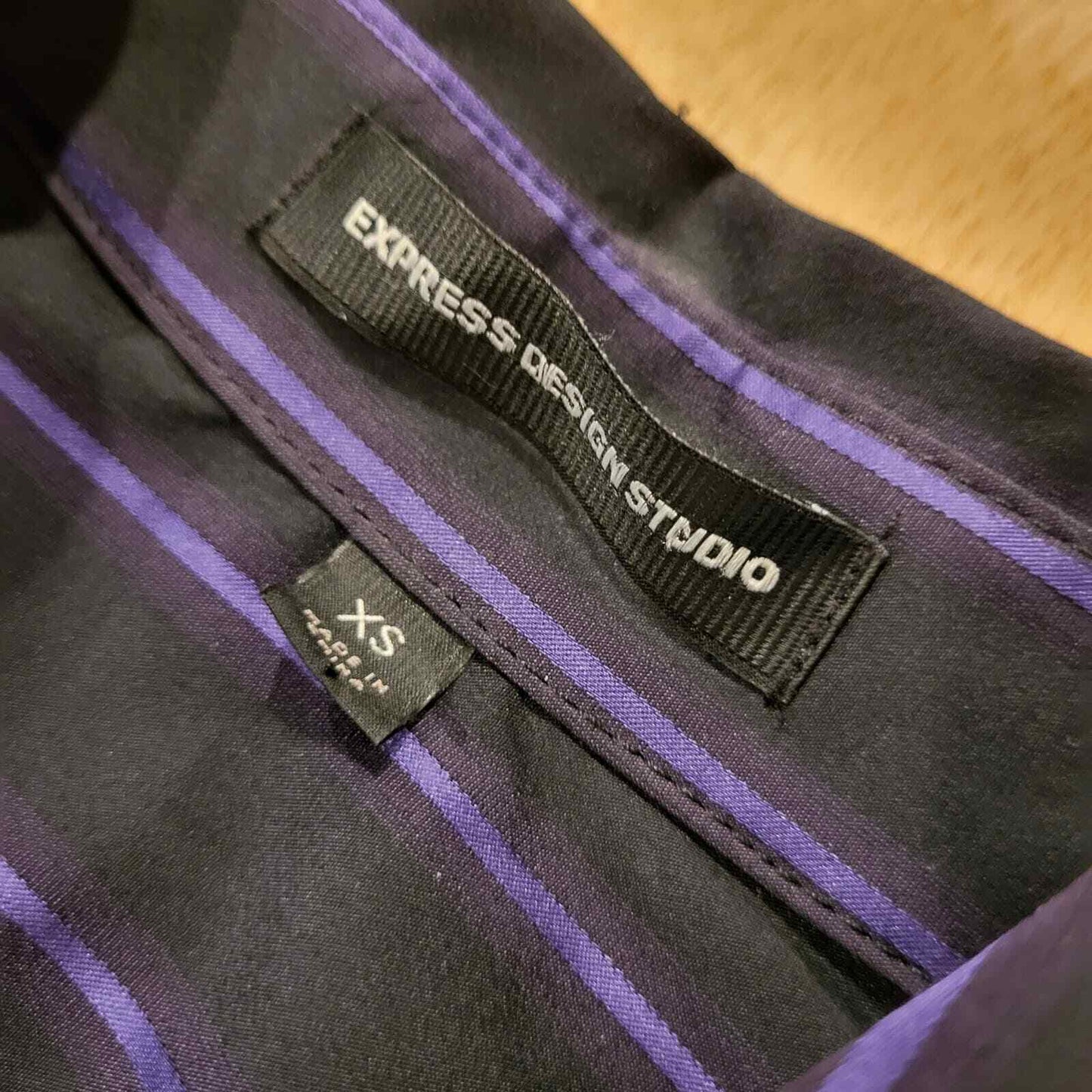 Vintage Y2K Express XS Stretchy Black Purple Stripe Ruffle Collar Top Side Zip