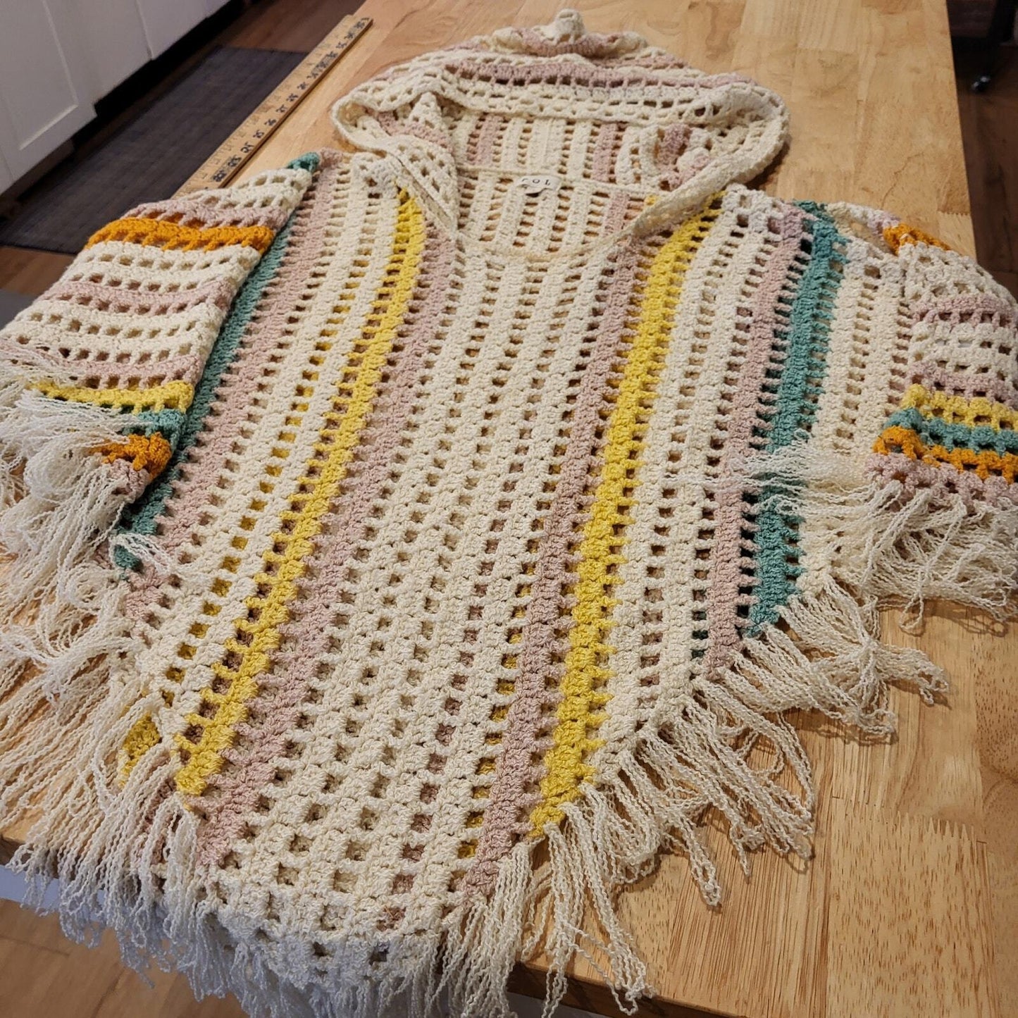 POL Pastel Rainbow Crochet Hooded Poncho Open Knit Striped Fringe Large