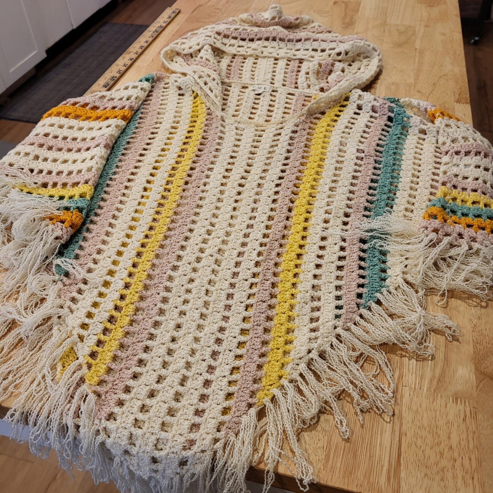 POL Pastel Rainbow Crochet Hooded Poncho Open Knit Striped Fringe Large