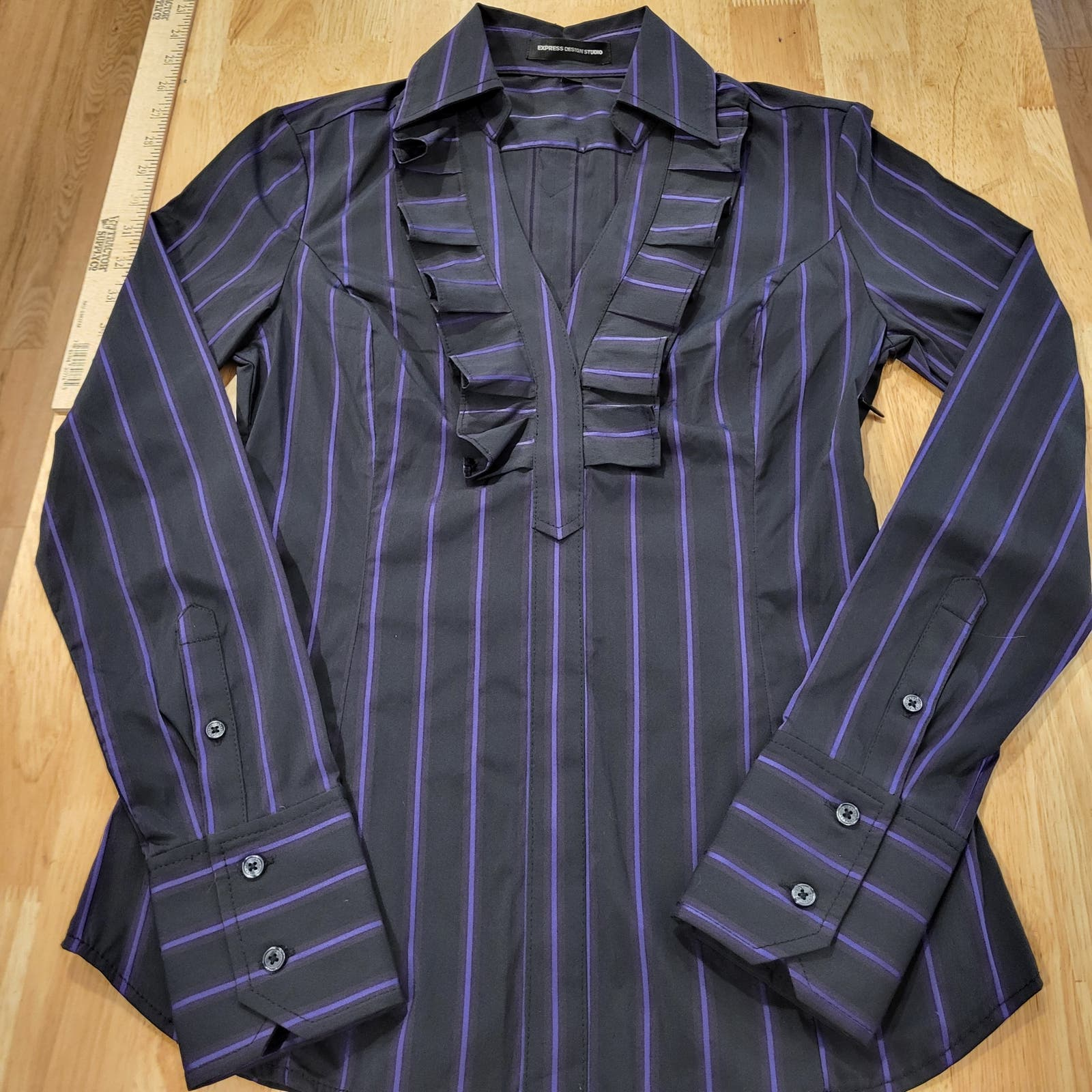 Vintage Y2K Express XS Stretchy Black Purple Stripe Ruffle Collar Top Side Zip