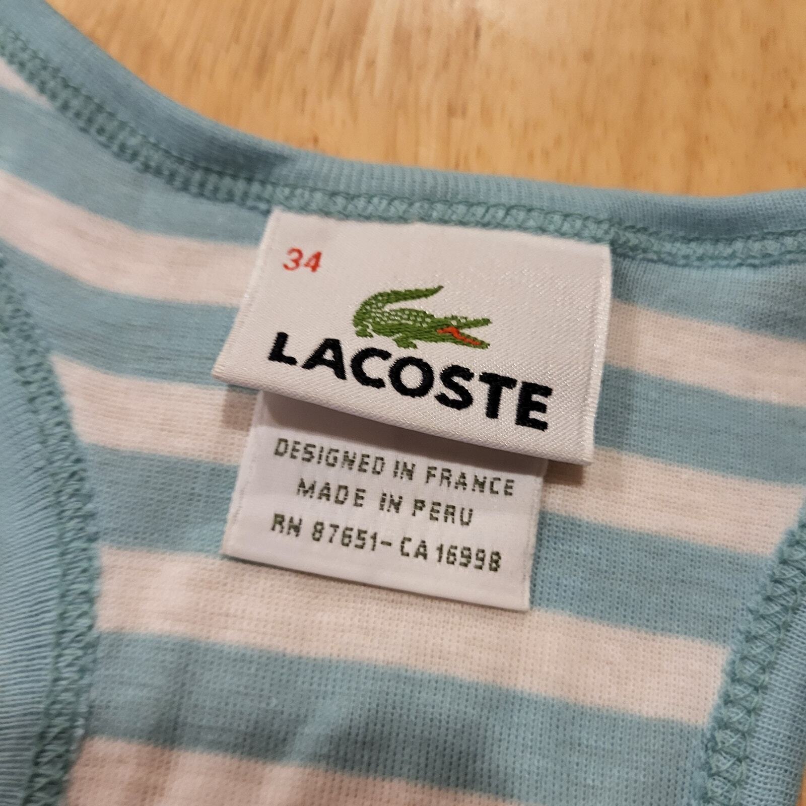 Lacoste sky blue & white dropped size 38 100% cotton tank 13" p2p stretch