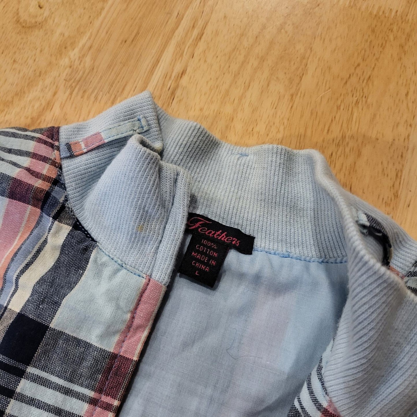 Feathers 100% Cotton 90's Plaid Blue Y2K Bomber Jacket Pockets Zipper large