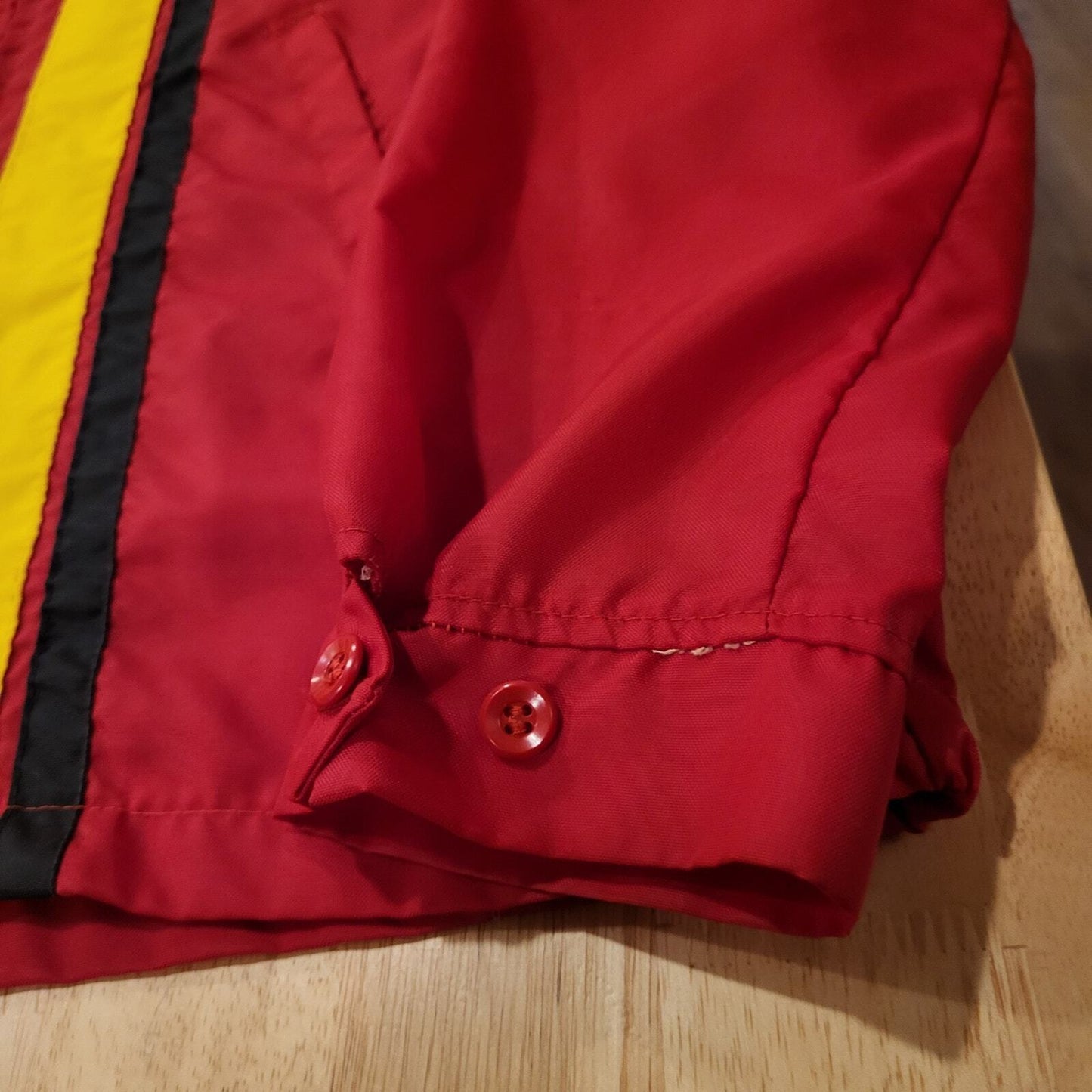 Red Nylon Vintage Jacket Zip 22" Pit to Pit Stripe Melroe Bobcat