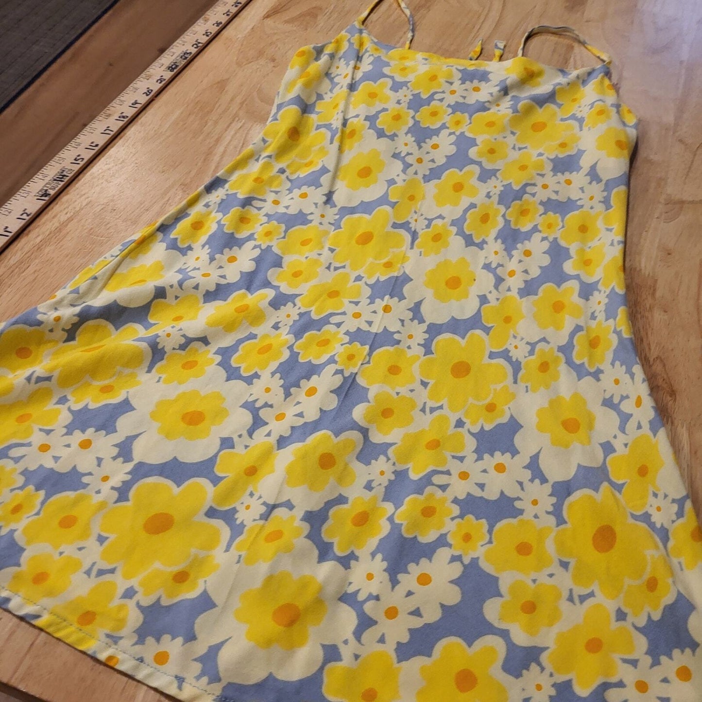 RVCA Yellow & Blue Floral Knit Spaghetti Strap Mini Dress Keyhole Opening Small