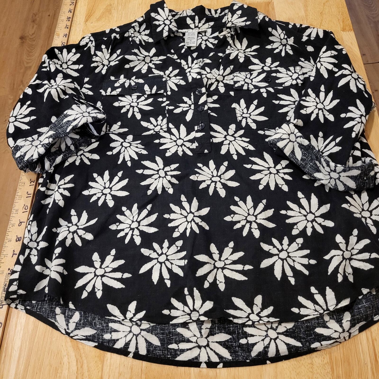 Cathy Daniels Linen Blend Black Short Sleeve Daisy Print Button Front XL