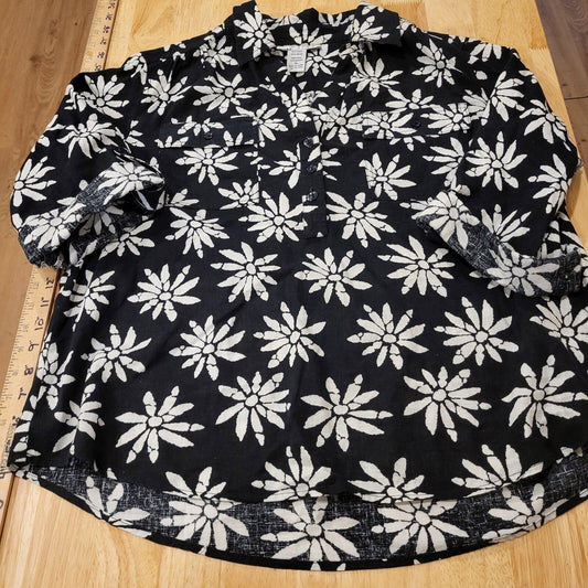 Cathy Daniels Linen Blend Black Short Sleeve Daisy Print Button Front XL