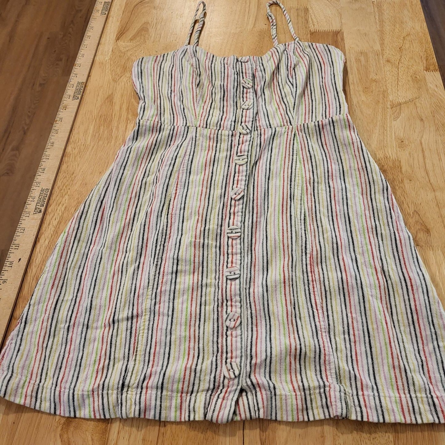 Cotton Forever 21 Large Spaghetti Strap Mini Dress Rainbow Elastic Button 