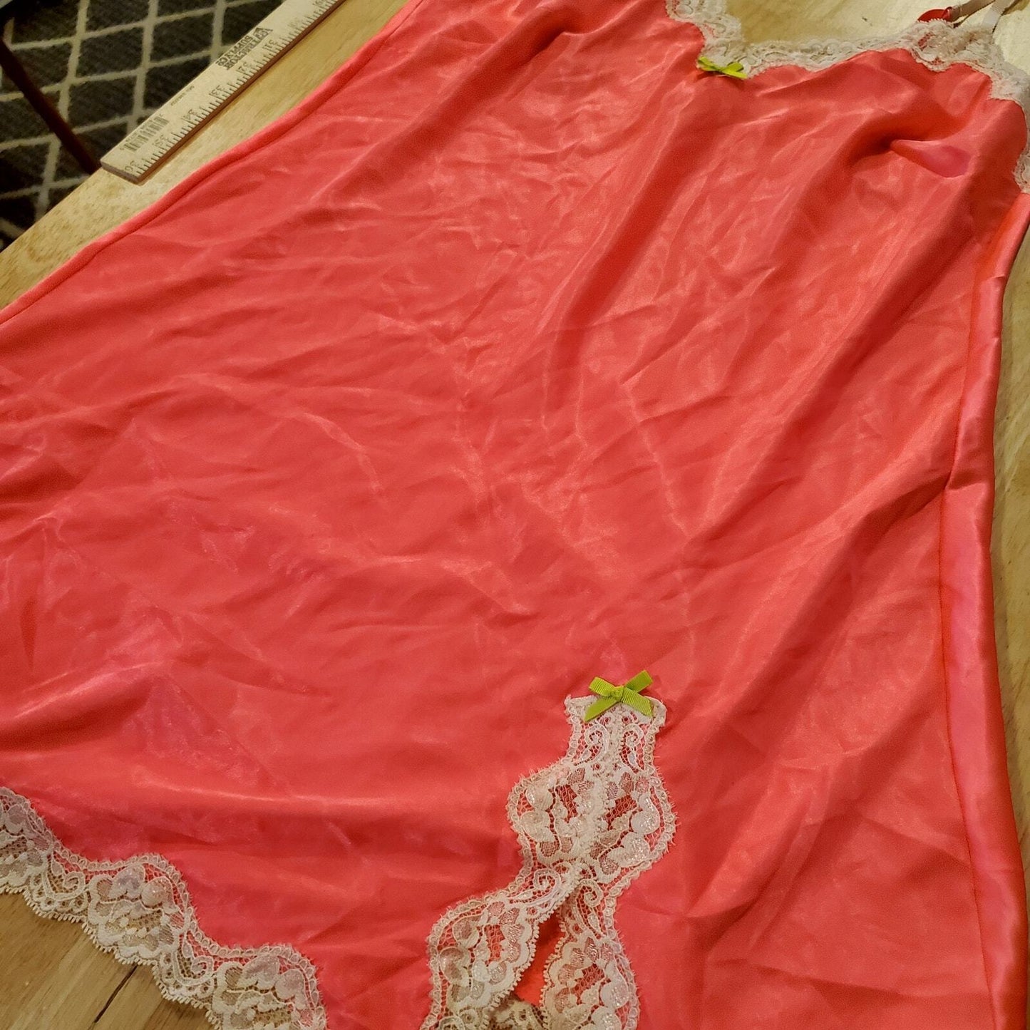 Victoria's Secret Neon Pink Spaghetti Strap White Lace Trim Slip Dress Small