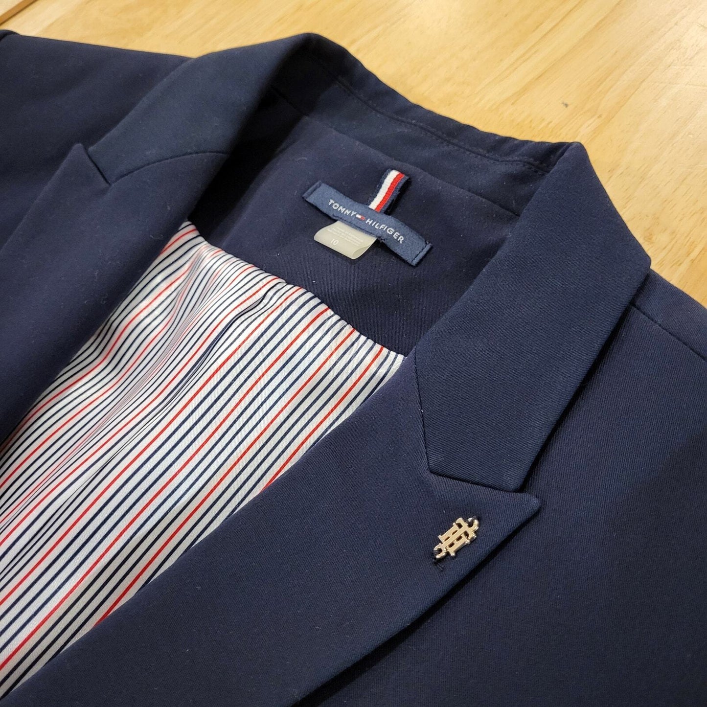 Tommy Hilfiger Size 10 Blue Blazer Satin Striped Lined Button & Gold Detail
