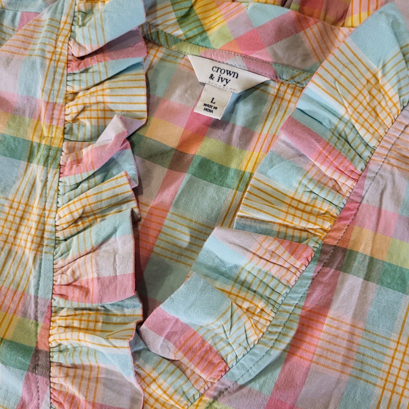Crown & Ivy Pastel Plaid Ruffle Collar 3/4 Sleeve 25" Long 23" P2P