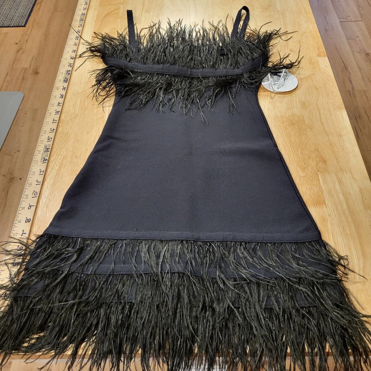 Staud Etta Black Feather Bodycon Spaghetti Strap Dress XS