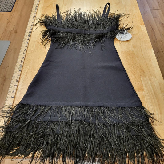 Staud Etta Black Feather Bodycon Spaghetti Strap Dress XS