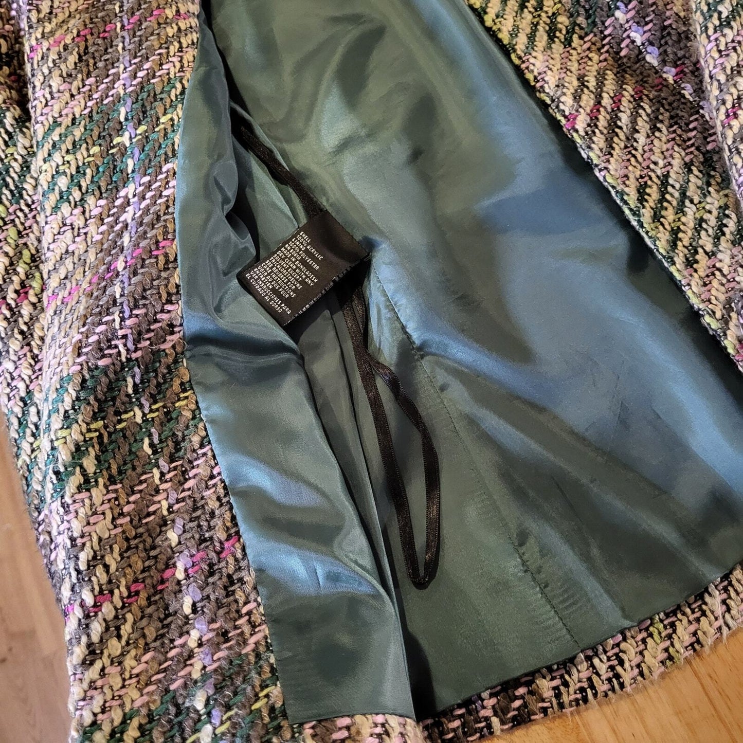 Kasper Pink & Green Short Coat Collared Size 8 Tweed Plaid Cuff 