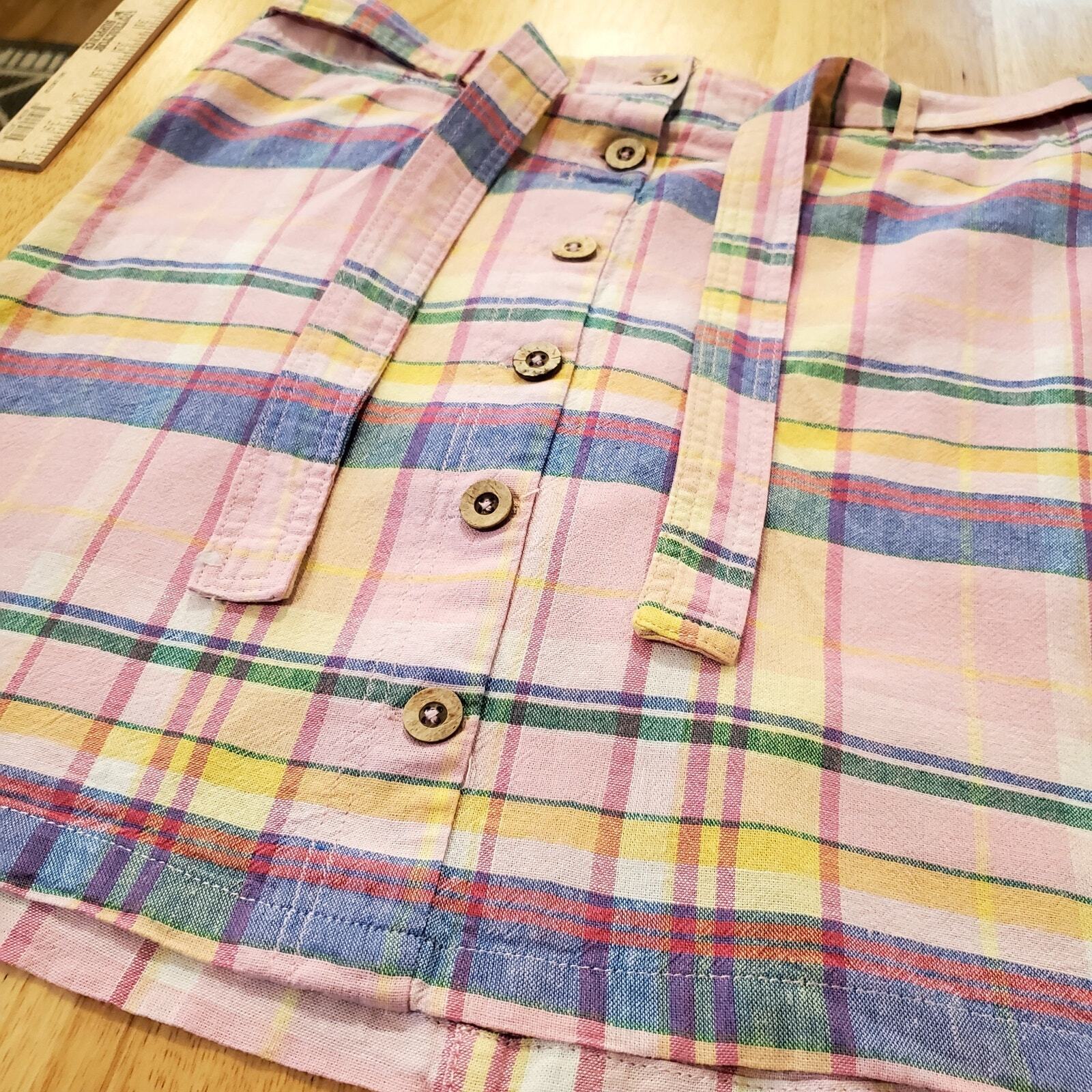 Dash Linen Baby Pink Plaid Elastic Waist Button Front Mini Skirt Tie Waist Med