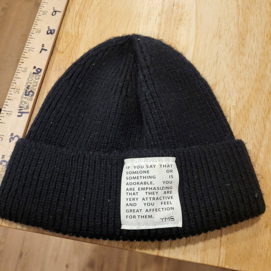 YMS Black Beanie White Patch Quote fold over Ribbed Knit