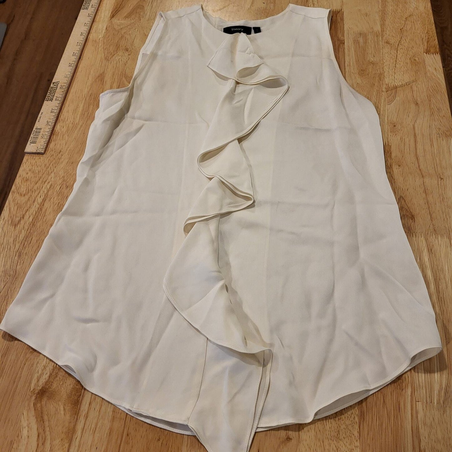 Theory 100% Silk Cream  Ruffle Sleeveless Blouse 