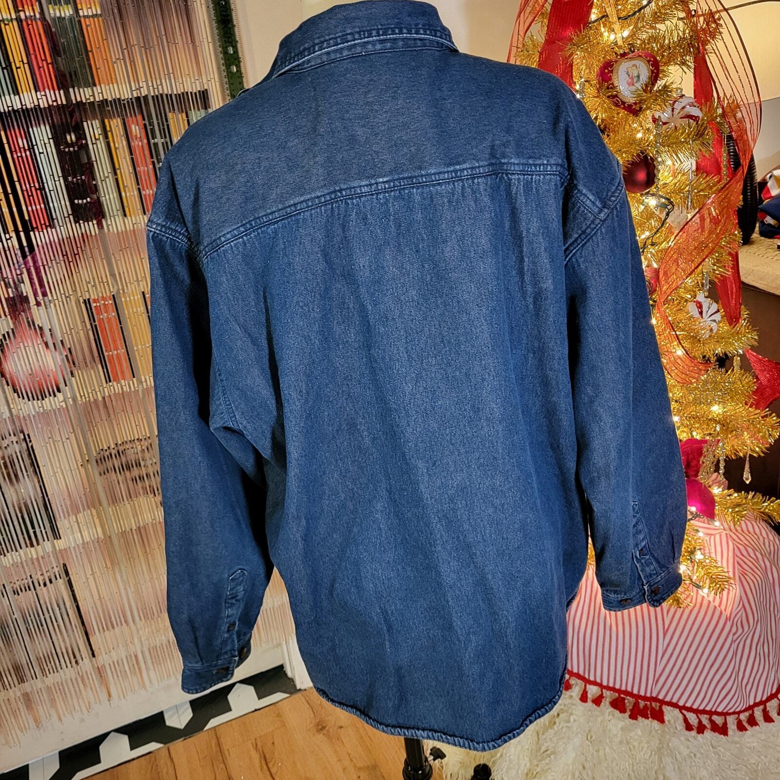 Lanesboro 100% Cotton Blue Denim Brown Fleece Lined Collared Button Up Jacket XL
