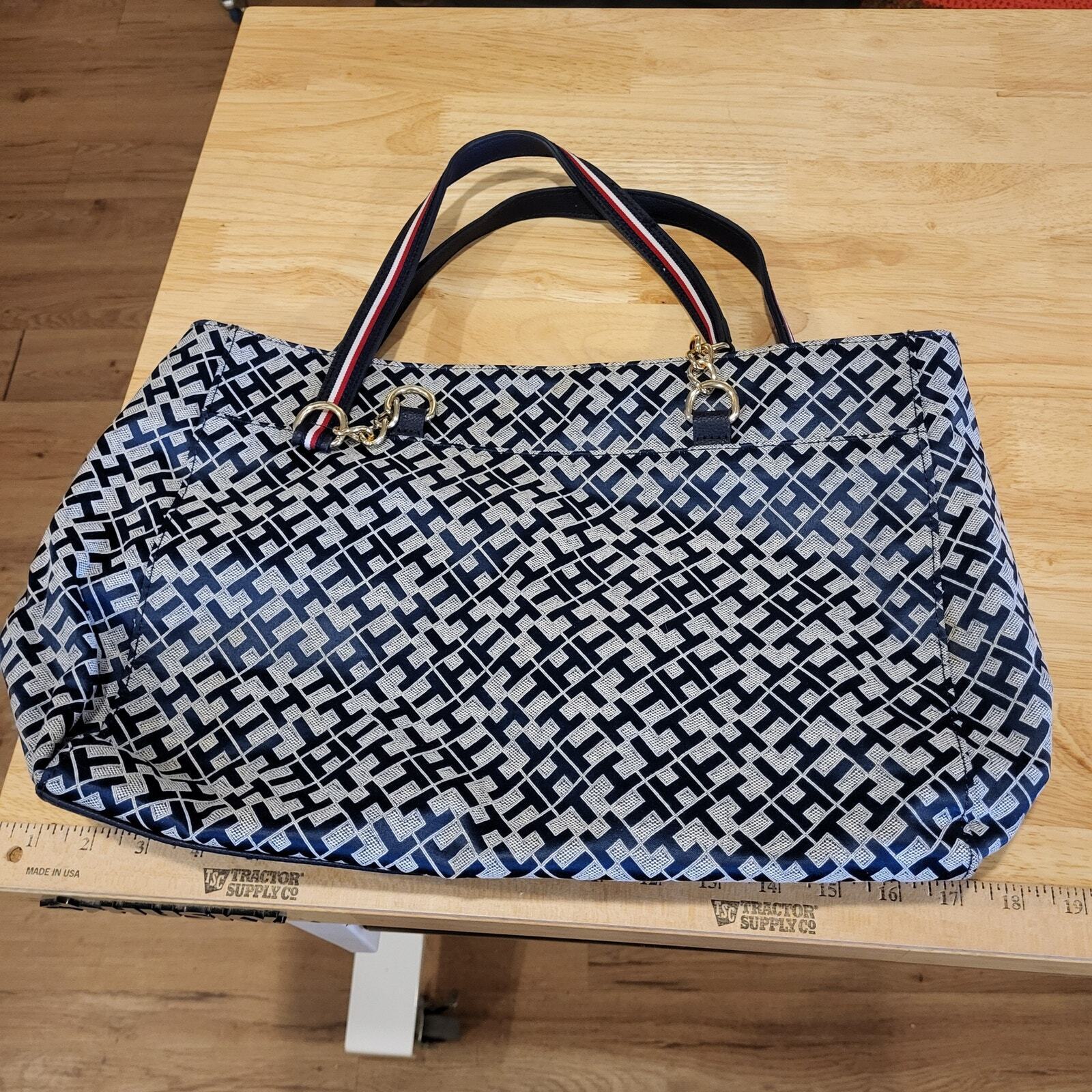 Tommy Hilfiger Signature Tote Bag  Blue White Gold 18" X 11" Shoulder Vegan