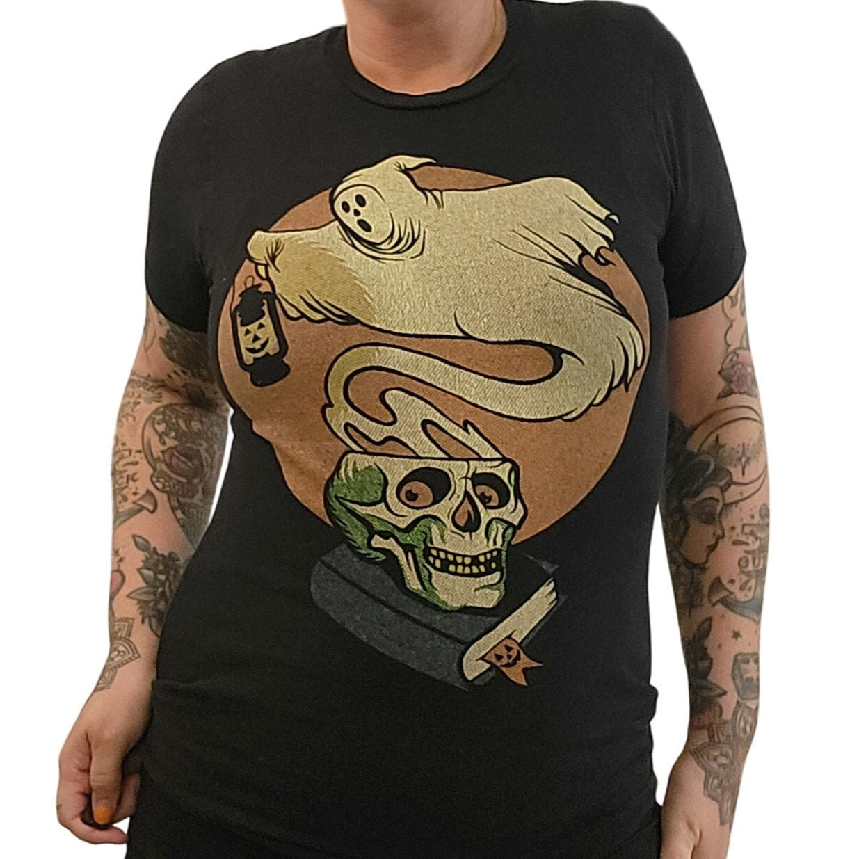 Small Black Bella Canvas Halloween T-Shirt Ghost Skull Orange Short Sleeve