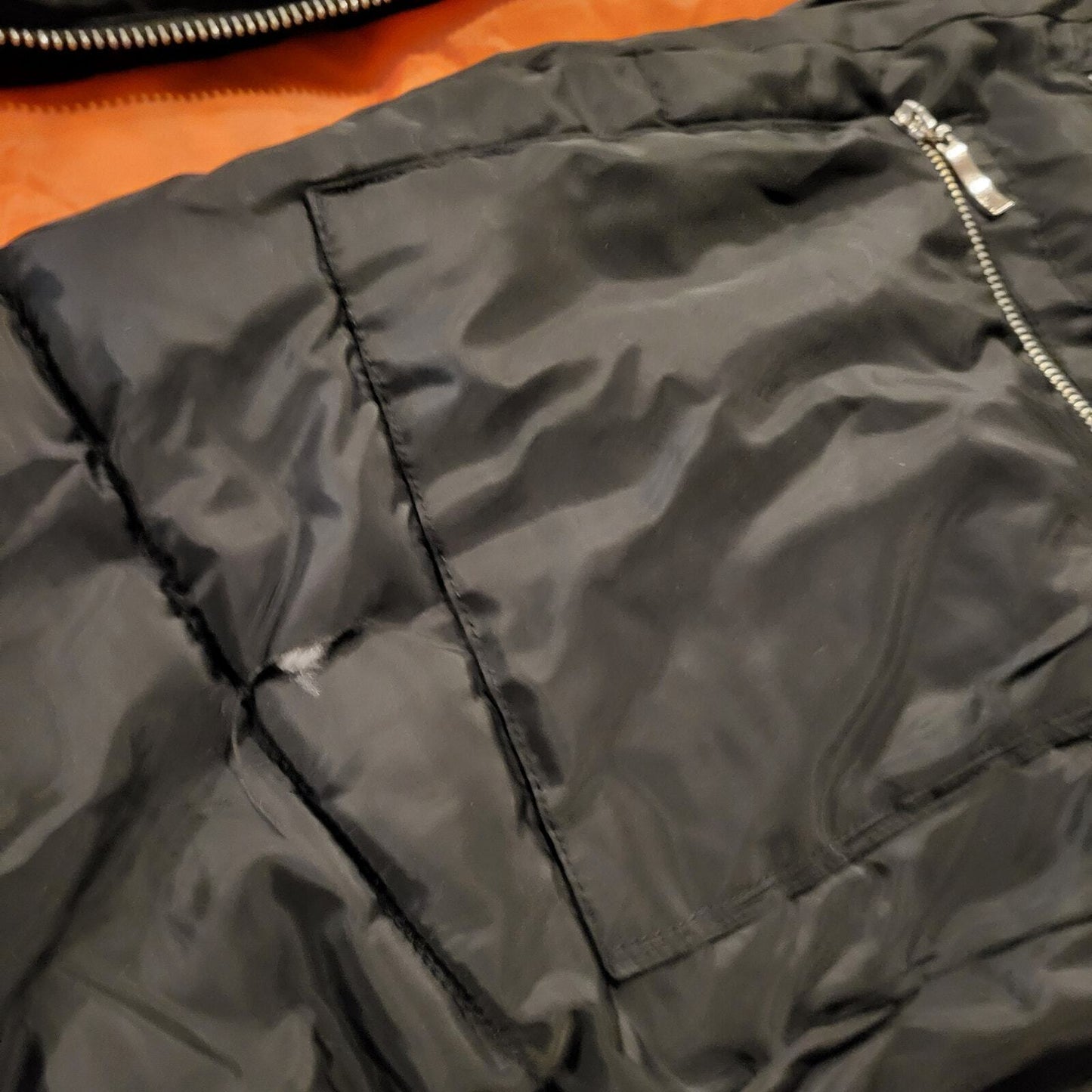 Viral Black Hooded Puffer Coat Orange Lining Silver Zip Pockets Sherling Hood LG