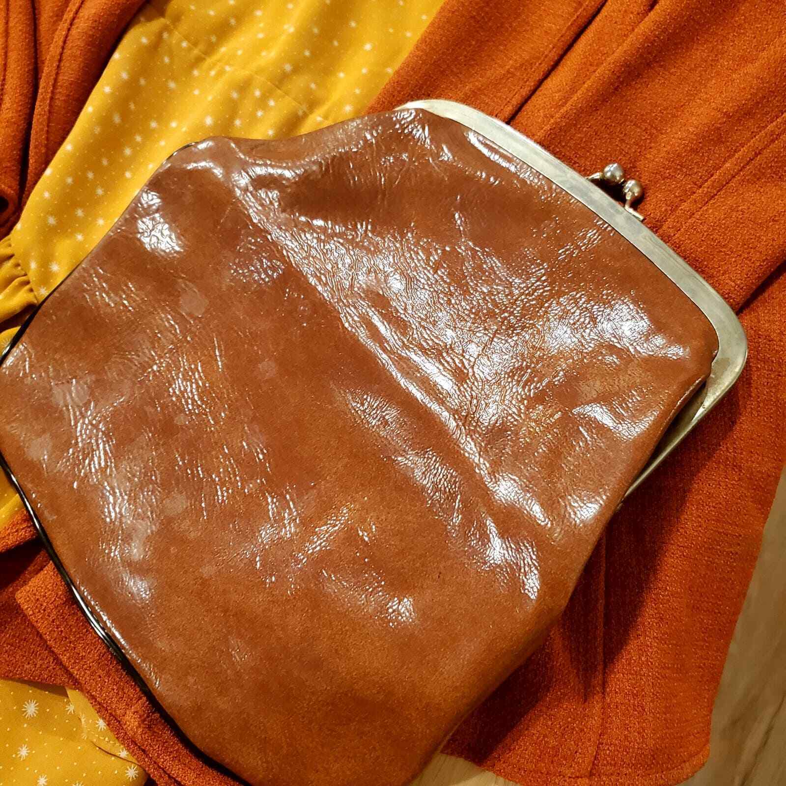 Vintage Brown Glossy Leather Look Top Clasp Folding Clutch Bag