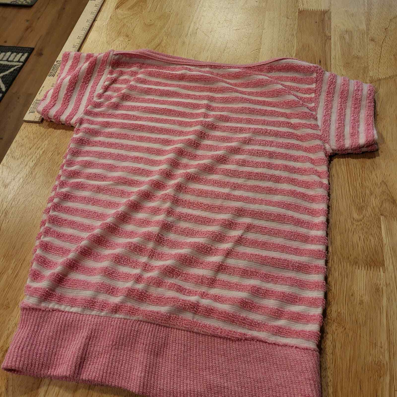 Vintage Pink Striped Terry Cloth Top Cap Sleeve Elastic Waist 15" Pit 2 Pit