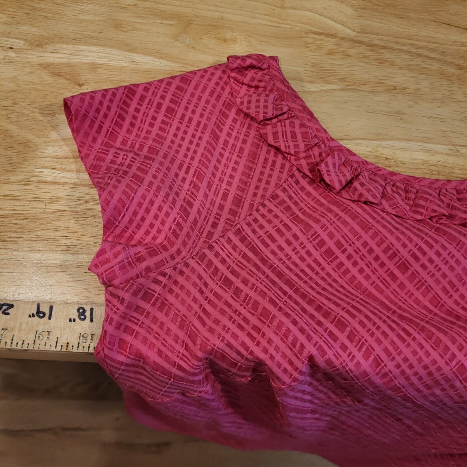 Lilly Pulitzer Pink Plaid Blouse Ruffle Collar Button Back Cap Sleeve 18" P2P