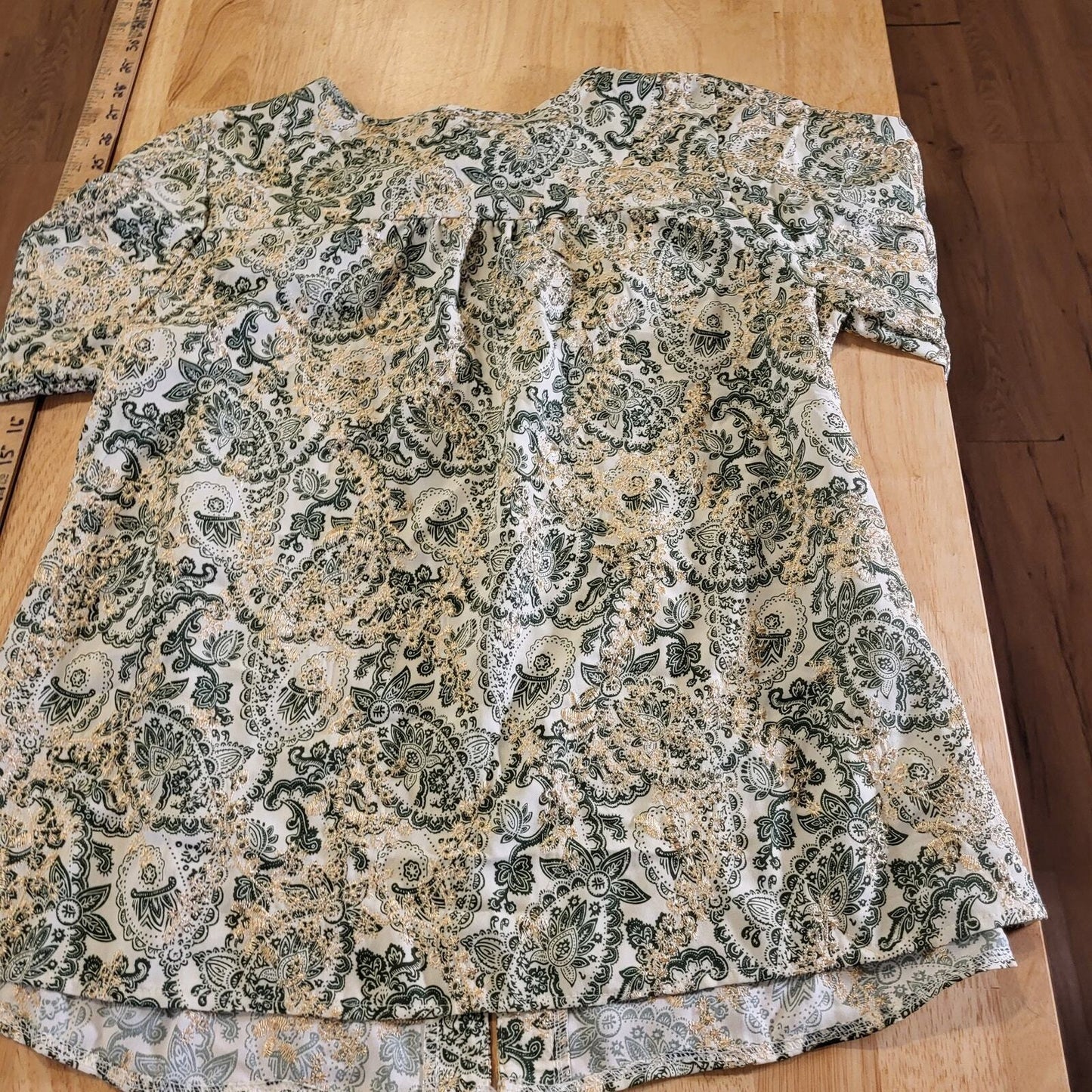 Paisley Green & Cream Ballon Sleeve Blouse All Over Embroidery medium Tassel Tie