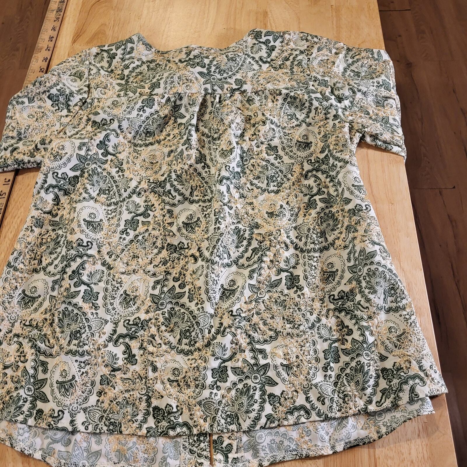 Paisley Green & Cream Ballon Sleeve Blouse All Over Embroidery medium Tassel Tie