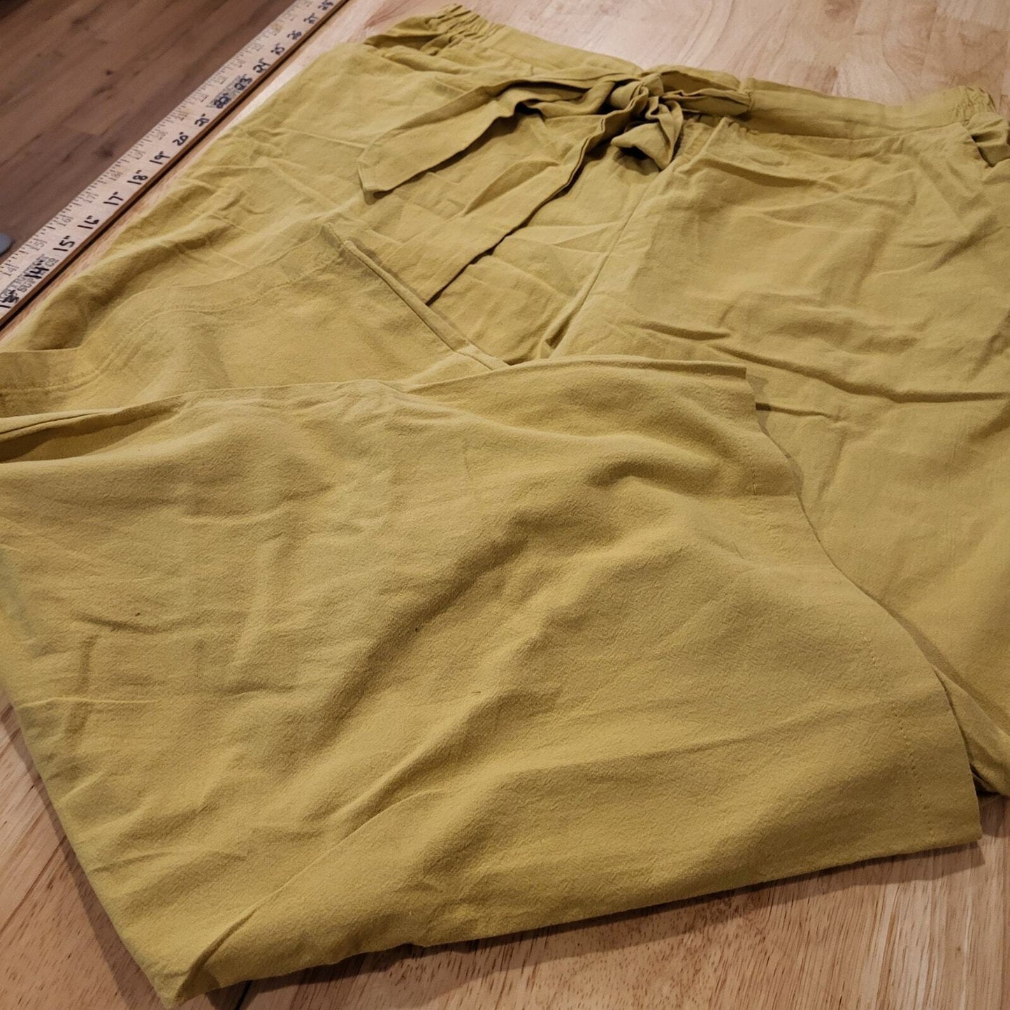 Mustard Yellow Elastic Waist Tie Wide Leg Pants xl 32" Waist Stretch to 46"