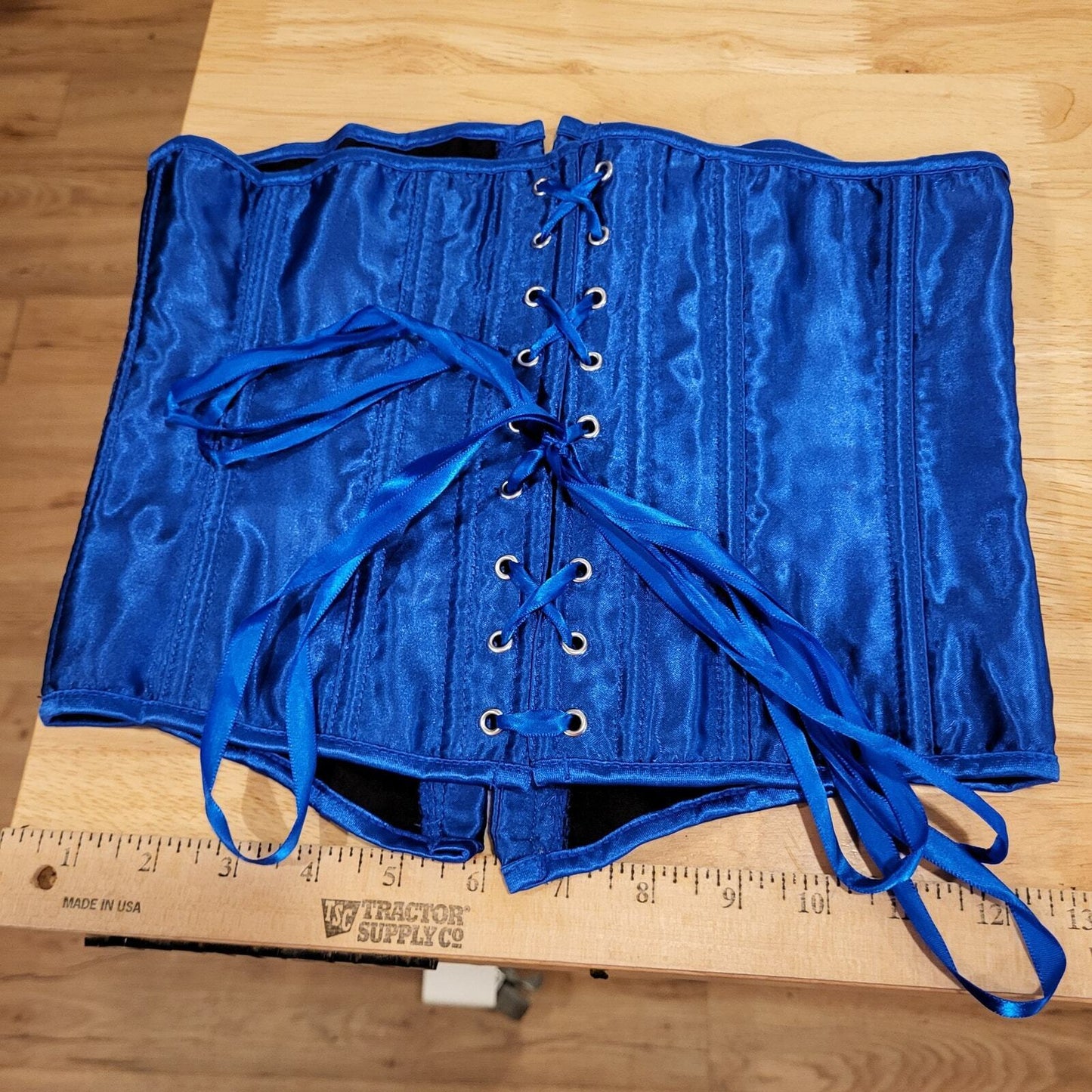 Size Medium Blue Satin Metal Busk Under Bust Corset Measurements in Photos. 
