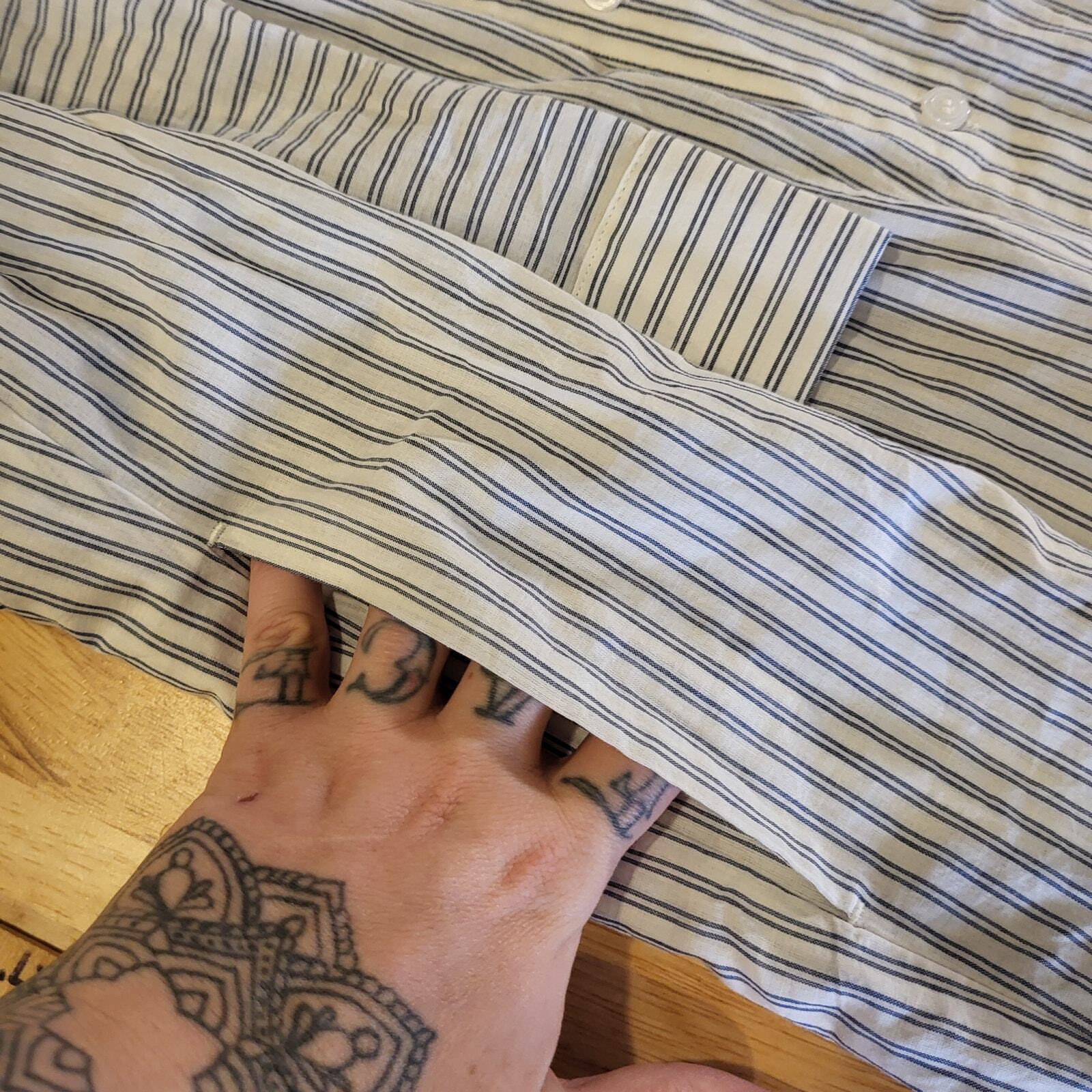 Zara White Striped Cotton Shirt Dress Gathered Back Pockets Small