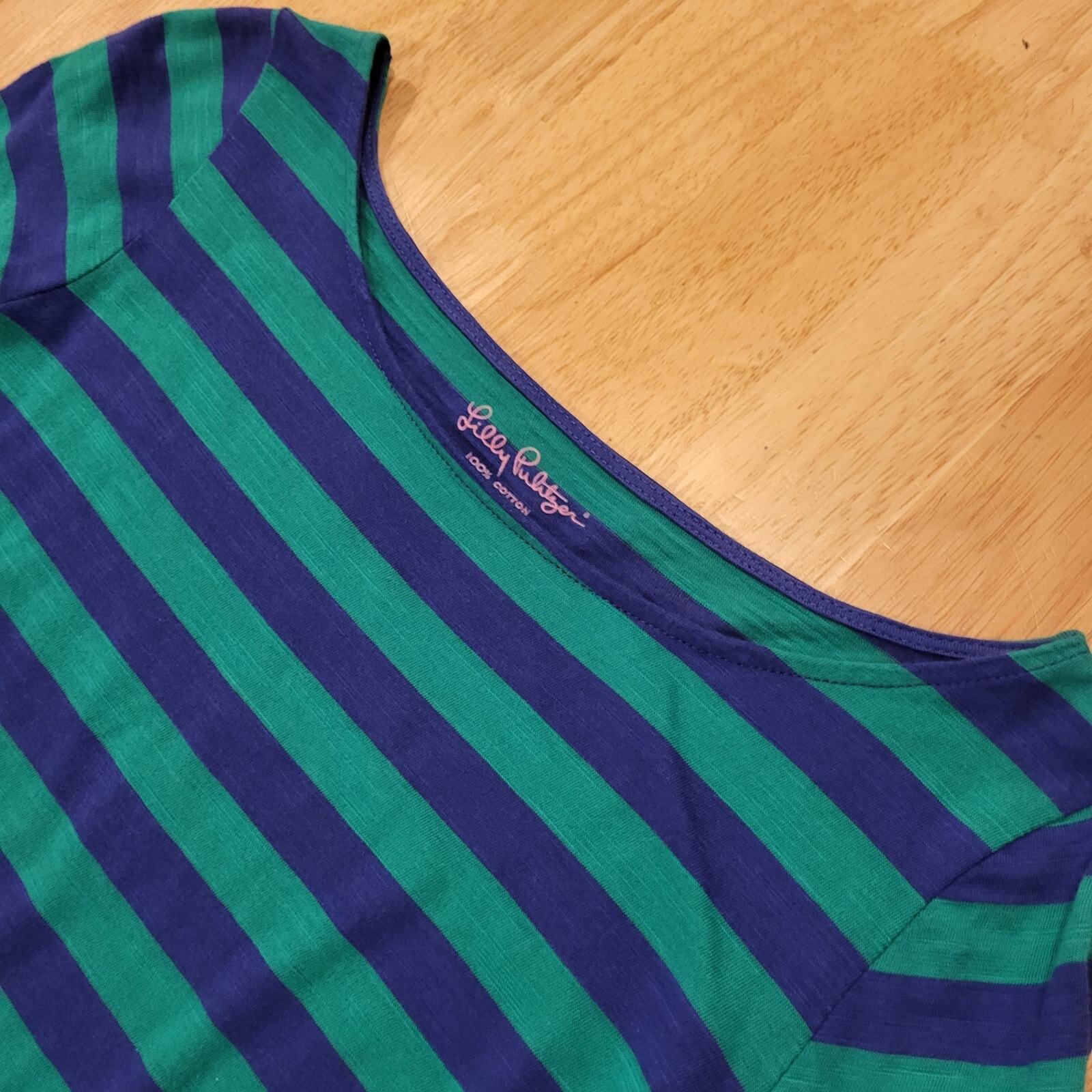 Lilly Pulitzer 3/4 Sleeve Green & Blue Striped Boat Neck T-shirt X-Small 16" p2p