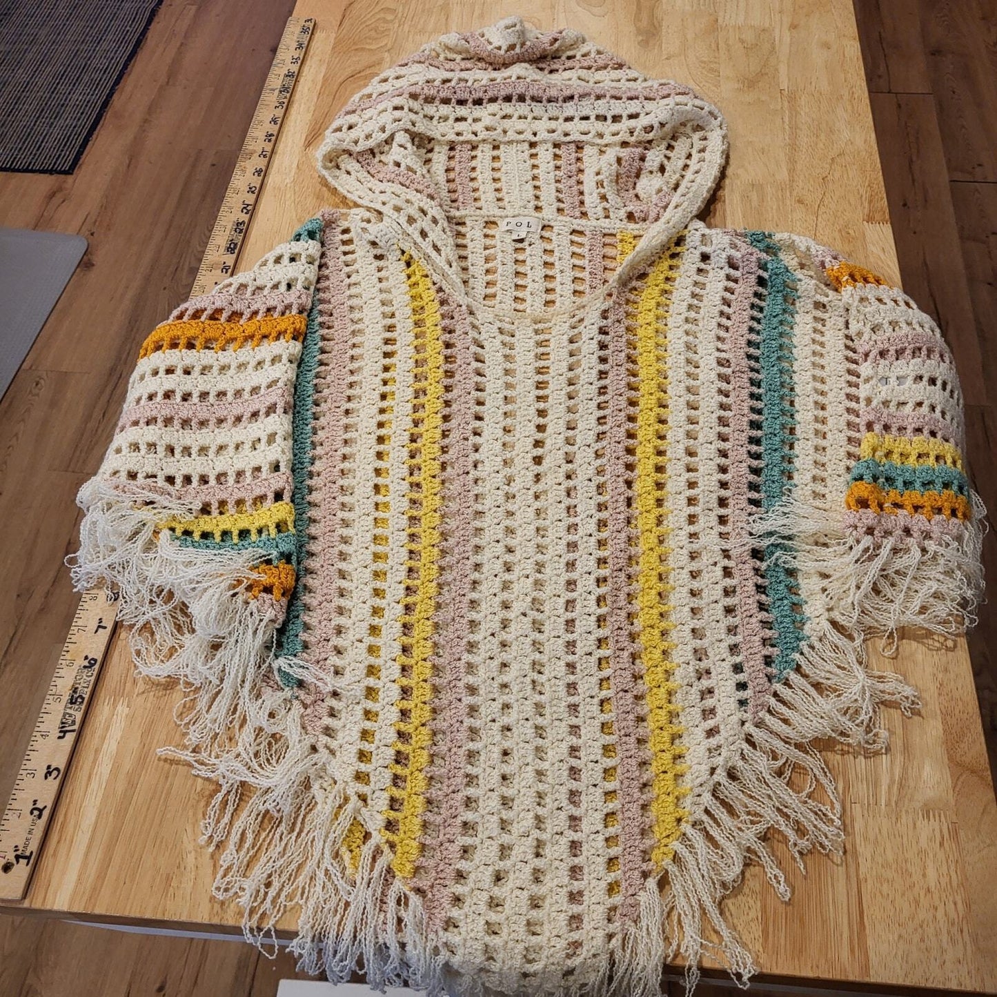 POL Pastel Rainbow Crochet Hooded Poncho Open Knit Striped Fringe Large