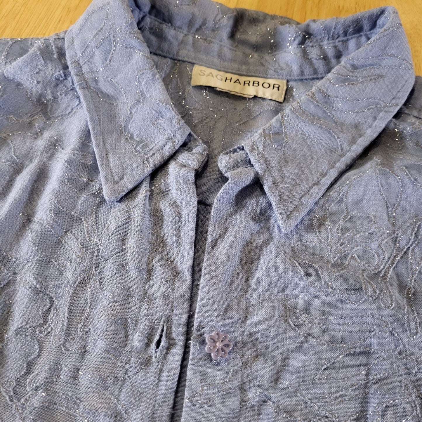 Sag Harbor Blue Metallic Burnout Flor Button Collard Sheer 23" P2P 24" Long 