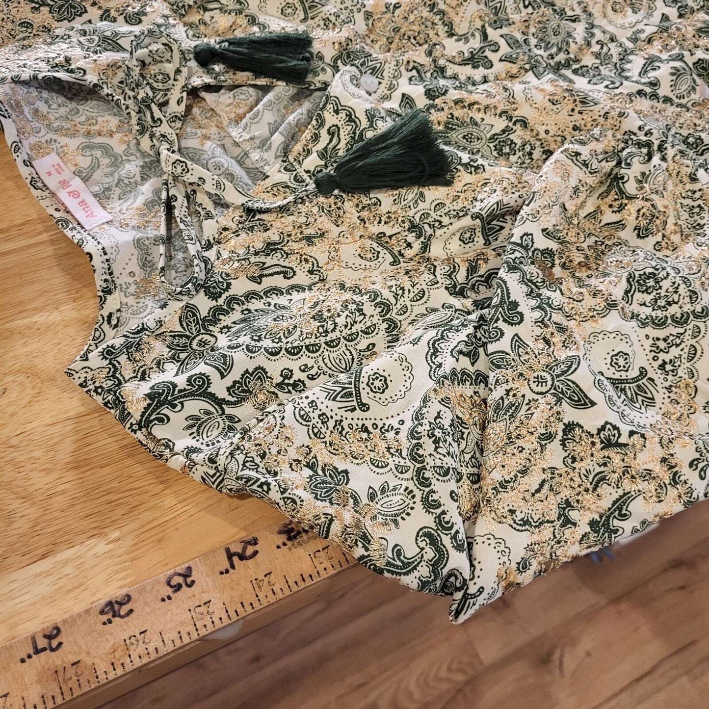 Paisley Green & Cream Ballon Sleeve Blouse All Over Embroidery medium Tassel Tie