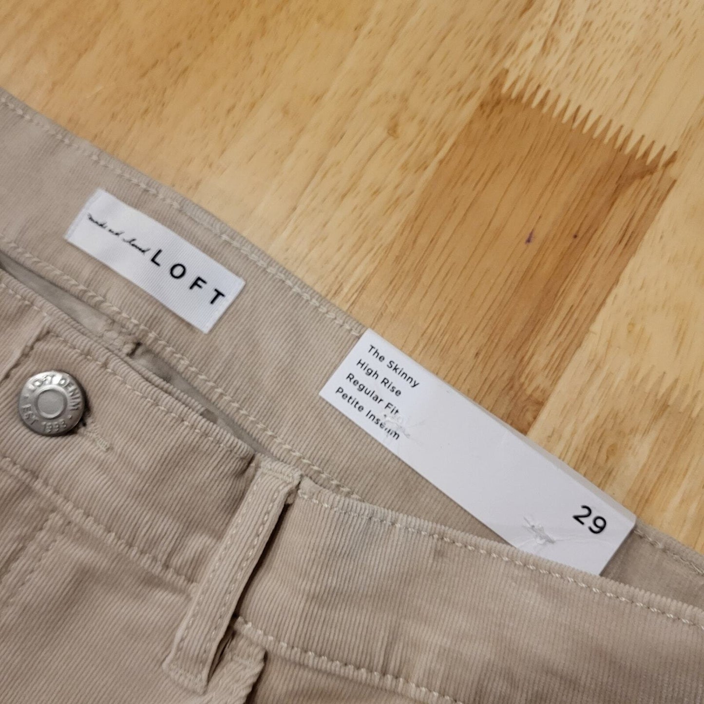 NWT Loft The Skinny High-Rise Petite 29 Khaki Beige Corduroy  37" Length