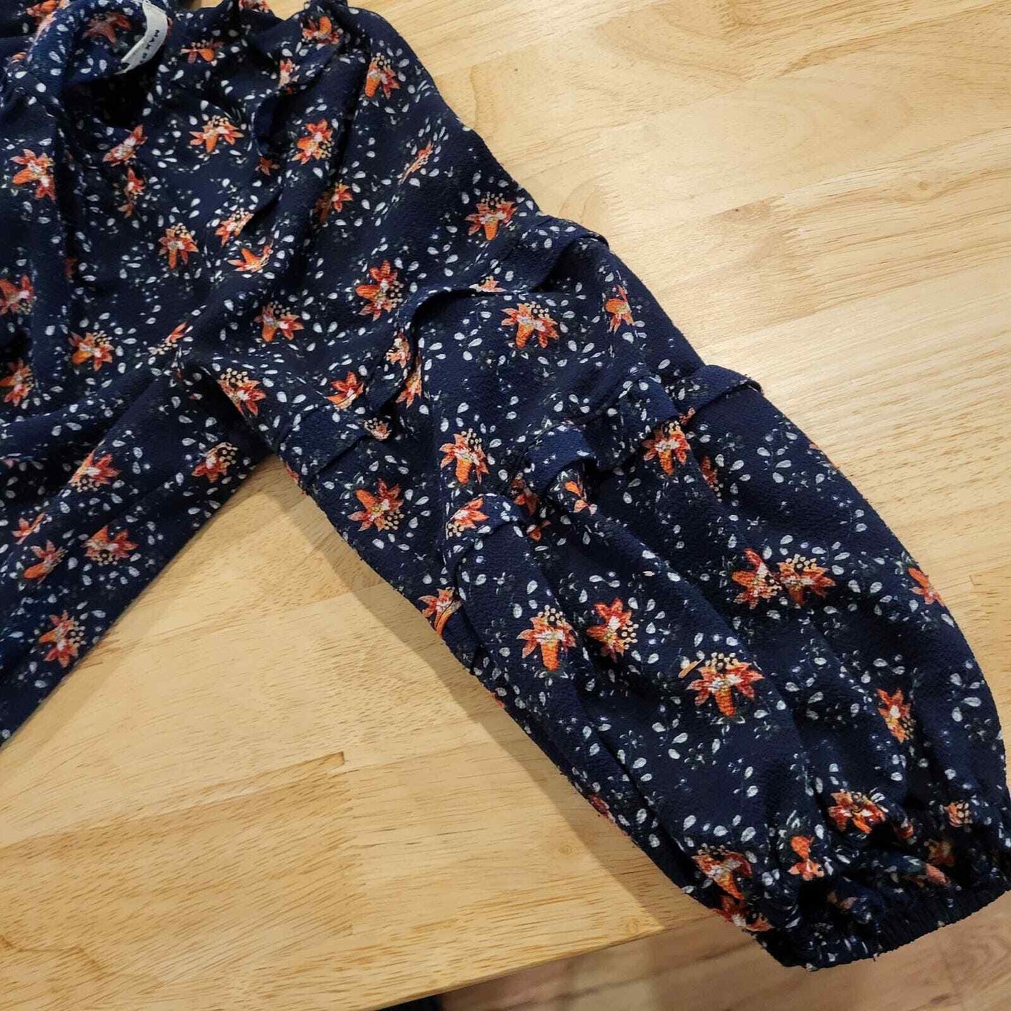 Max Studios Navy Blue Floral Ruffle 3/4 Sleeve Med Knee Length Dress