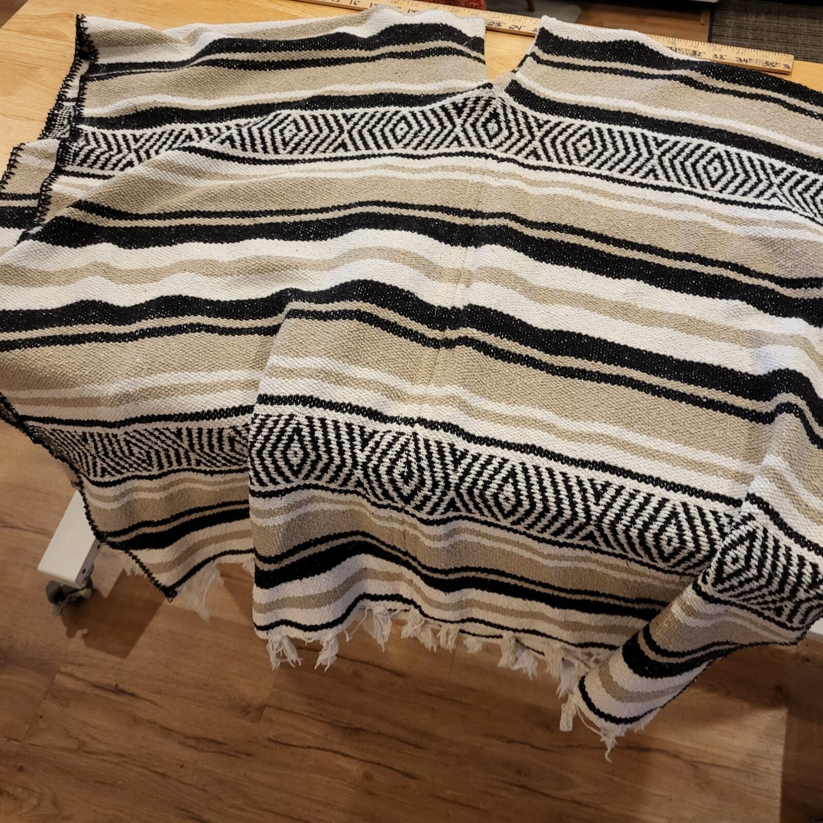 Handmade Mexican Gray Black Striped Poncho Two Ways To Wear Cotton Blend 
