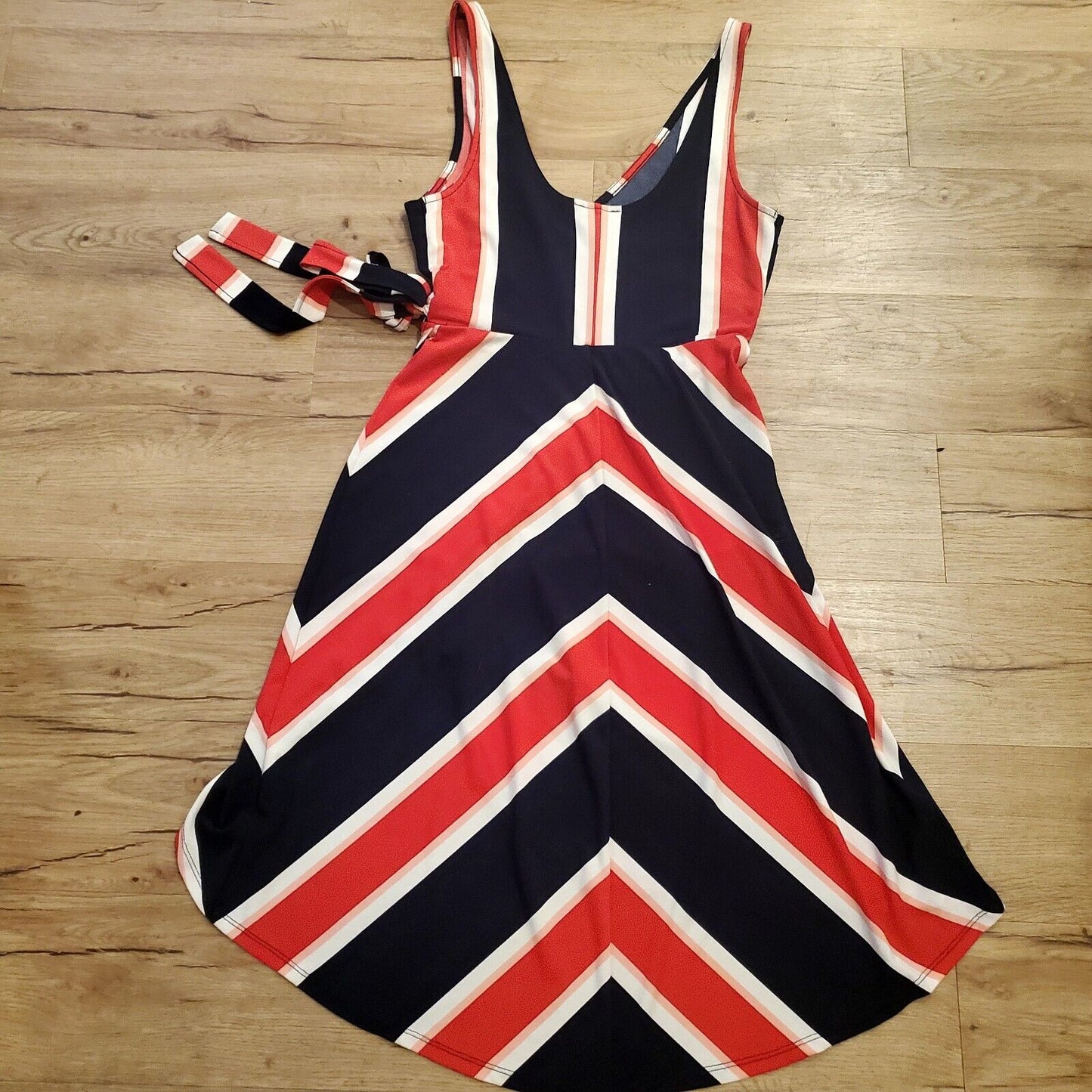 Express Red White & Blue Stripe Wrap Style Dress Small Knee Sleeveless Jersey 