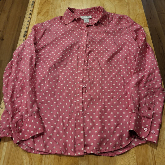 Vintage Jones New York Country Medium Pink Polka Dot Silk Collared Button Down