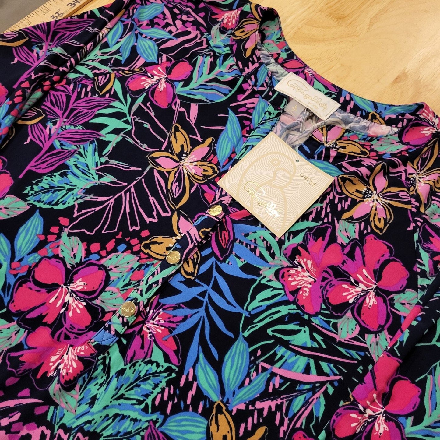 NWT Pappagallo Navy Floral Gold Button Knee Length Dress Long Sleeve Large