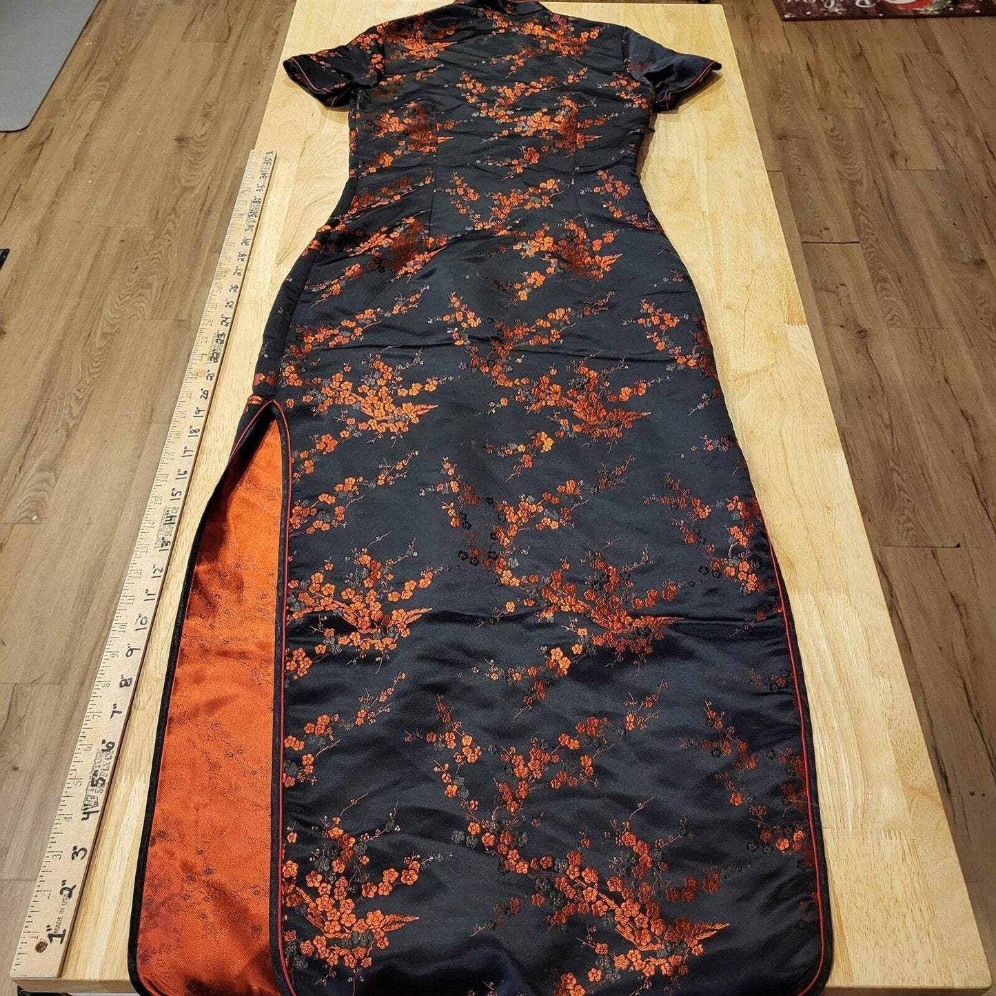 Black & Red Brocade Traditional Chinese Satin Floral Dress Mandarin Collar 15' p