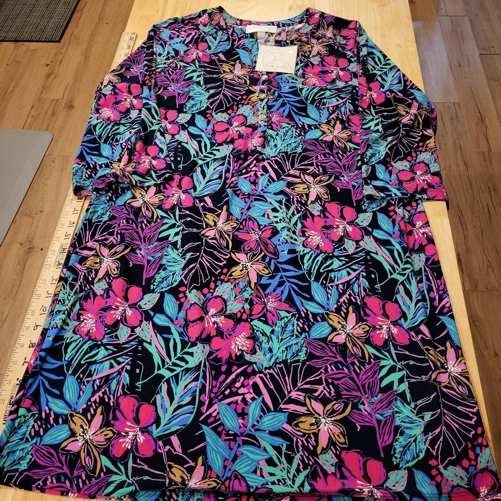 NWT Pappagallo Navy Floral Gold Button Knee Length Dress Long Sleeve Large
