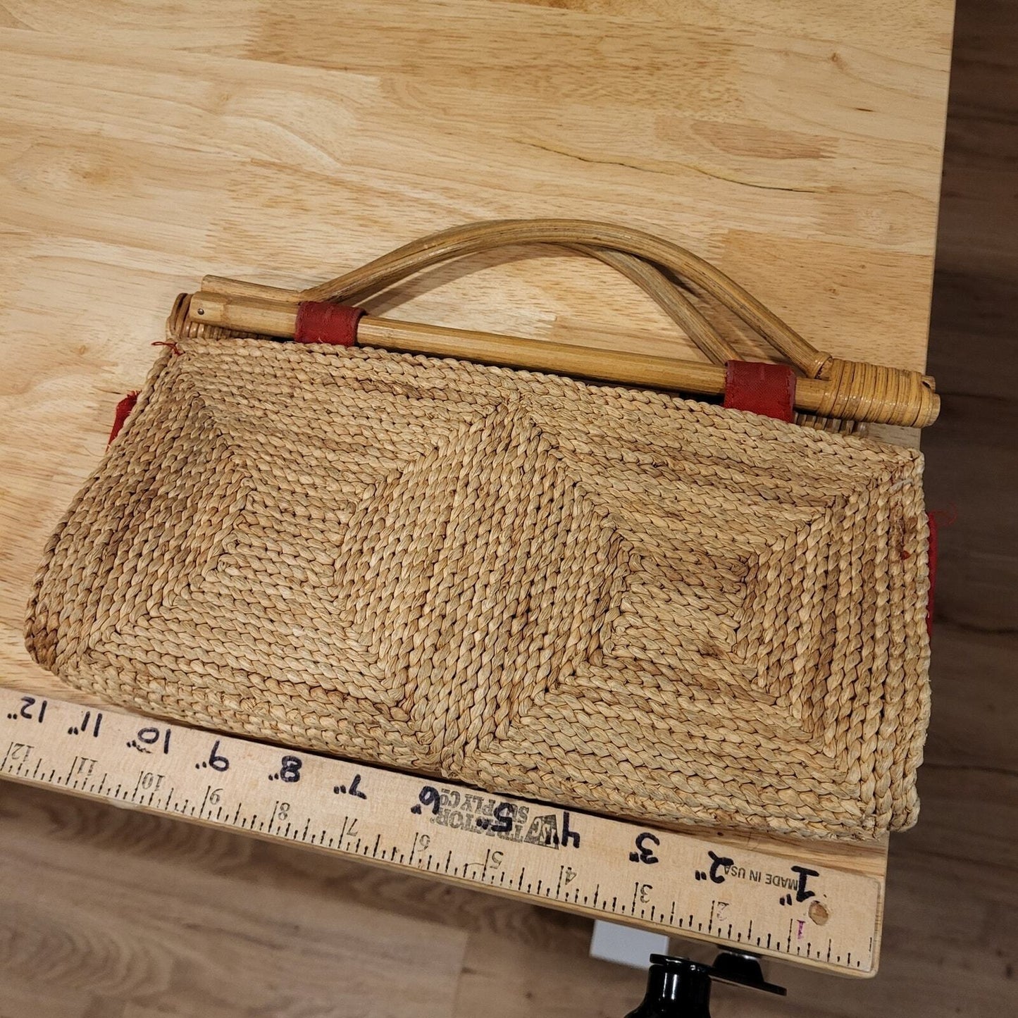 Vintage Ratan Woven Grass Bag Wooden Handles (See photos for Condition)