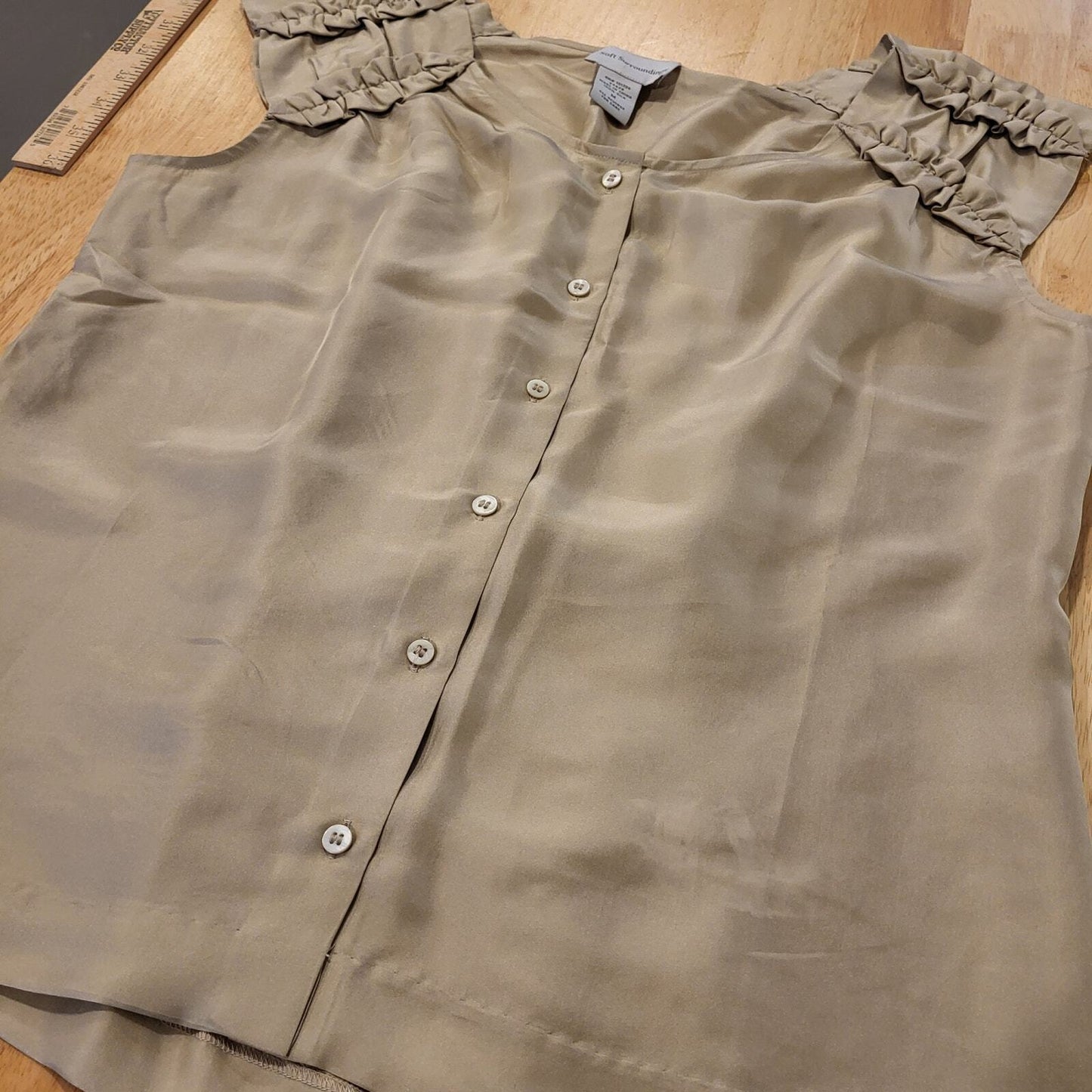 Beige Soft Surroundings 100% Silk Sleeveless Blouse shoulder ruffle button front