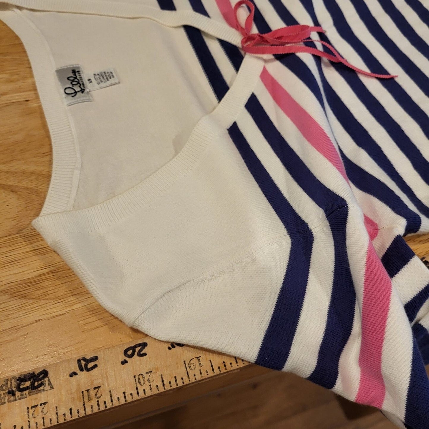 Lilly Pulitzer Blue Pink & White V Neck Long Sleeve Striped Sweater Bow XS