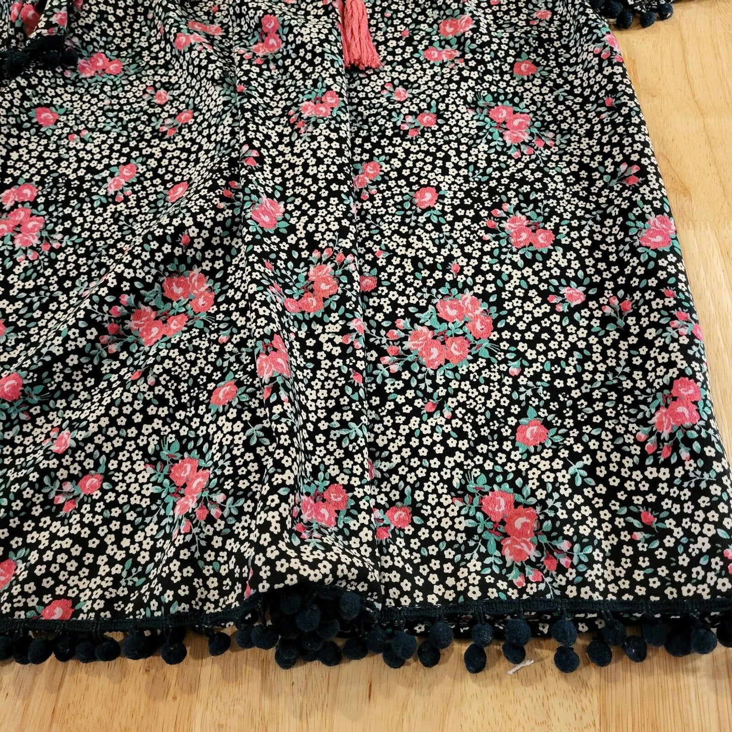 Floral dress Size Large Black & Pink Pom Pom Hem A-line Off The Shoulder Elastic