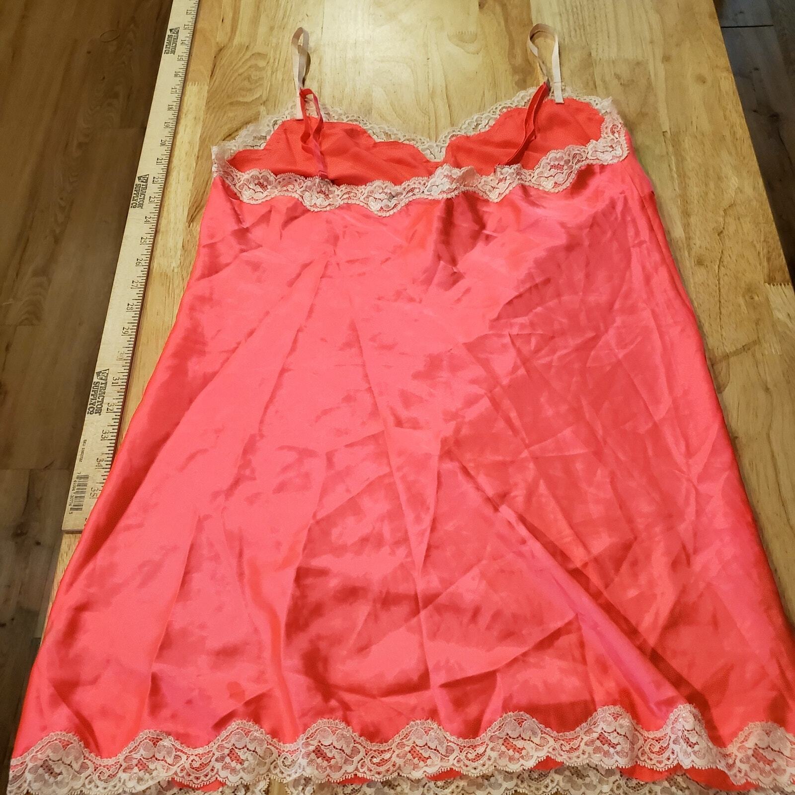 Victoria's Secret Neon Pink Spaghetti Strap White Lace Trim Slip Dress Small